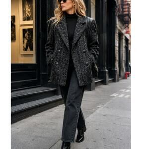 Vintage 80s Wool Coat Leather Shoulders Oversized Double Breasted Blazer M